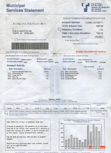 USA Arizona water utility bill 2 pages 1